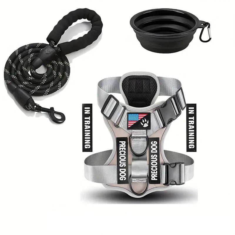 Reflective Dog Harness & Leash Set with Folding Bowl