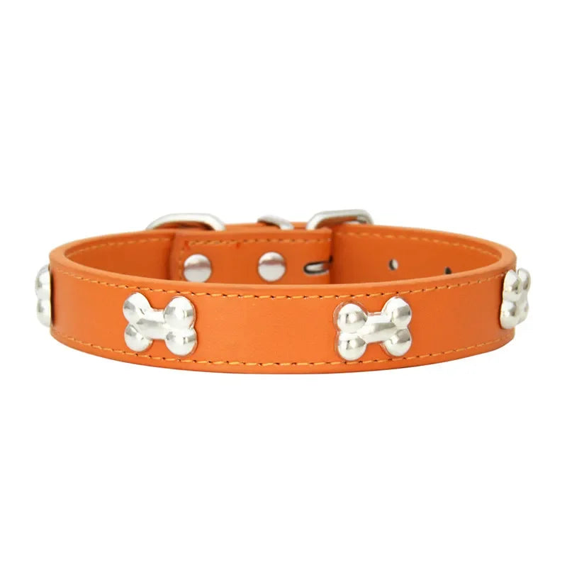 Durable Leather Dog Collar with Bone Design for Small to Large Dogs