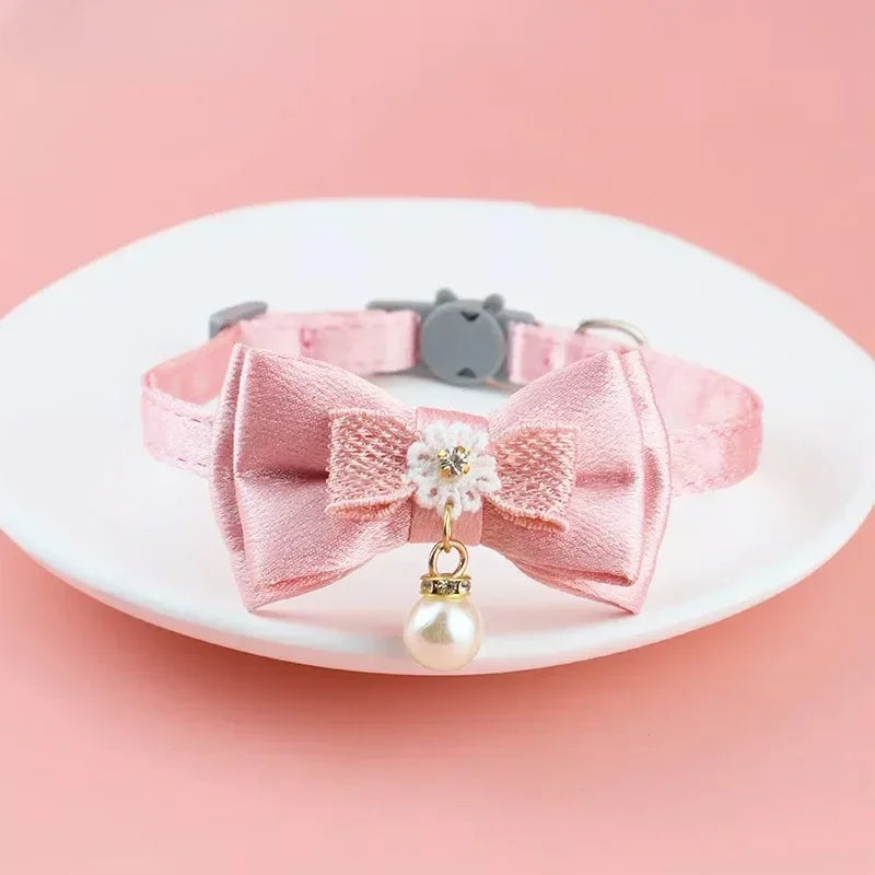 Pink Lace Bow Pet Collar with Bell for Cats and Small Dogs