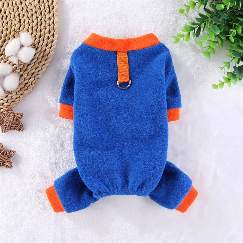 Fleece Dog Jumpsuit Hoodie with Leash Ring — Warm Winter Coat for Dogs & Cats