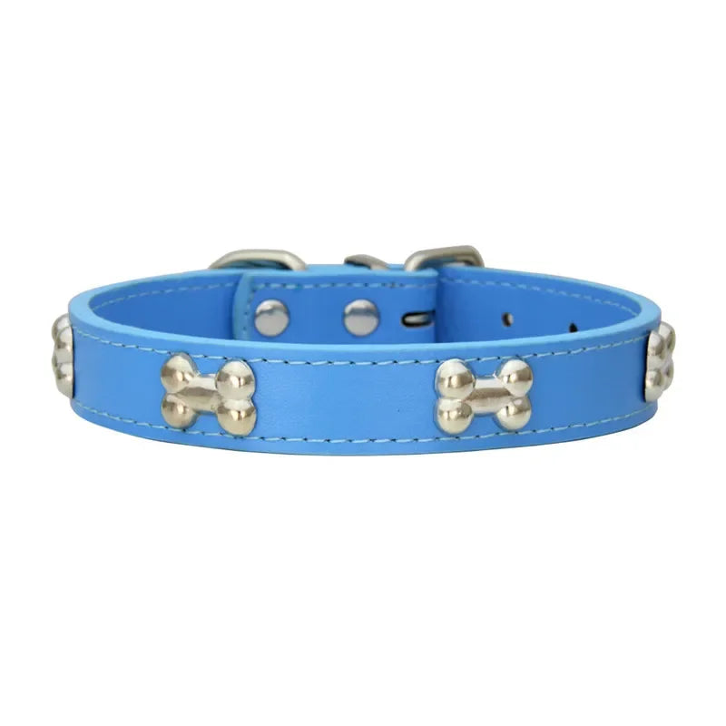 Durable Leather Dog Collar with Bone Design for Small to Large Dogs