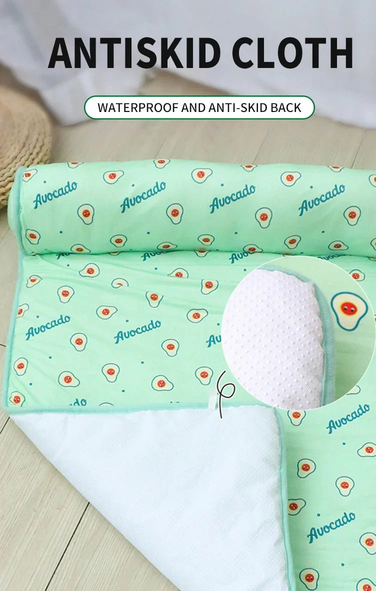 Ice Silk Cooling Mat for Dogs & Cats — Non-Slip, Washable with Integrated Pillow & Cute Print