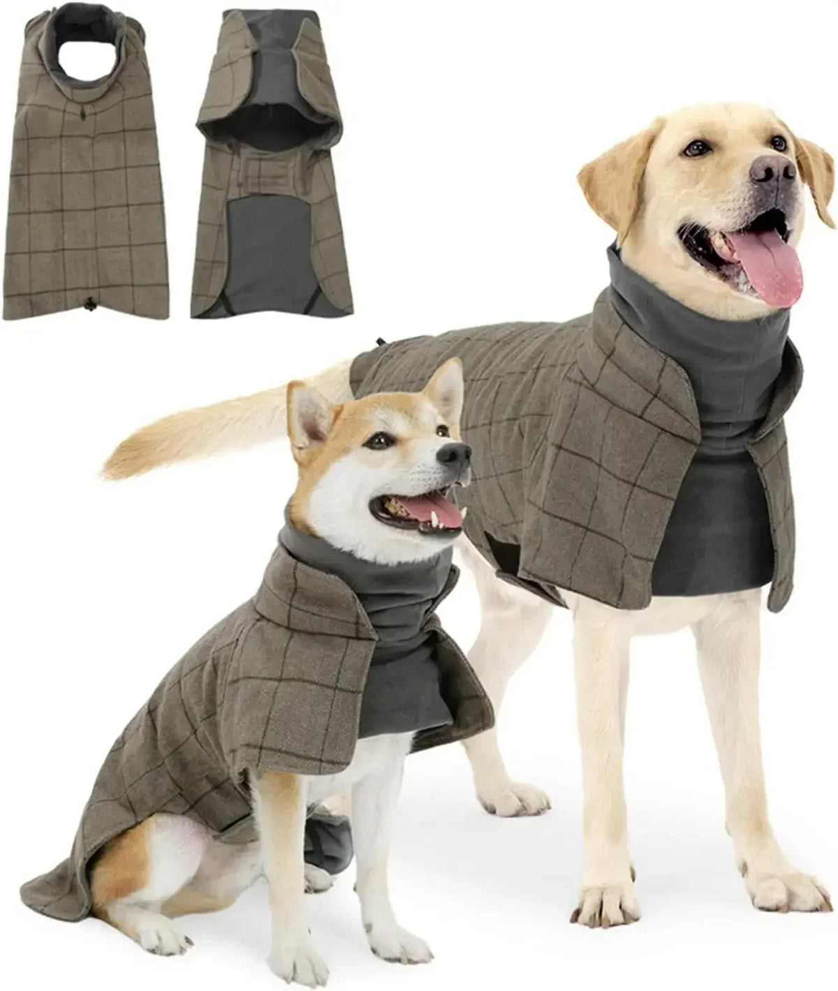 Dog Winter Coat - Plaid Fleece Vest Windbreaker with Harness Eyelets