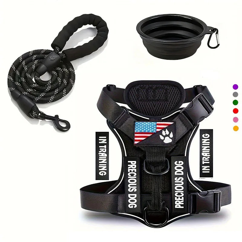 Reflective Dog Harness & Leash Set with Folding Bowl