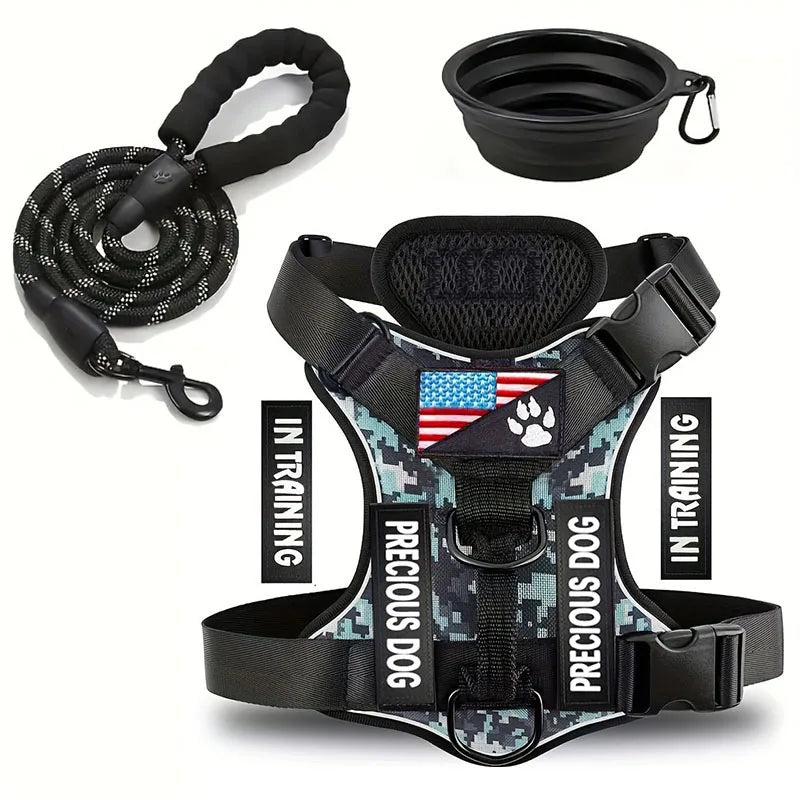 Reflective Dog Harness & Leash Set with Folding Bowl