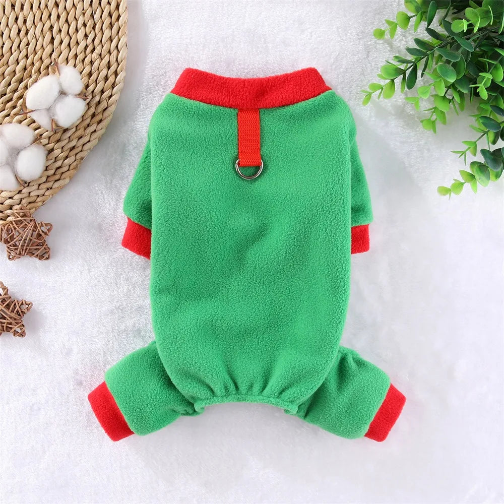 Fleece Dog Jumpsuit Hoodie with Leash Ring — Warm Winter Coat for Dogs & Cats