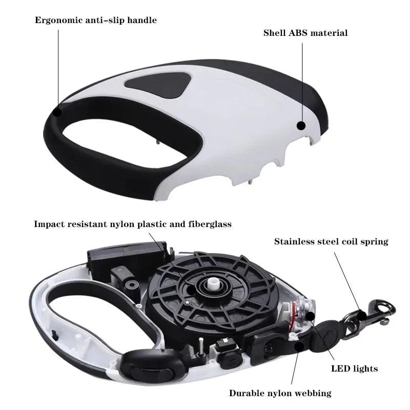LED Retractable Dog Leash with Fibre Rope