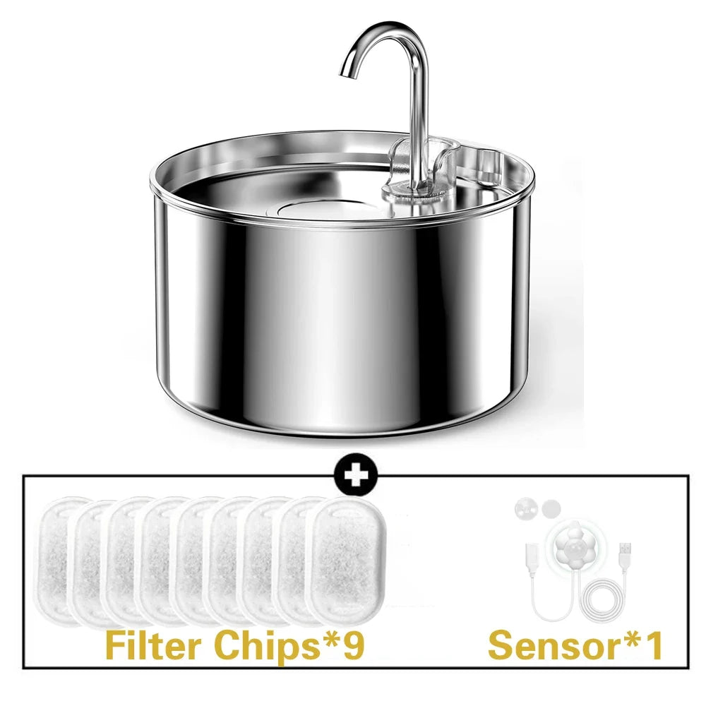 2.2L Stainless Steel Silent Pet Water Fountain — Dual Style with Filter & Sensor Options