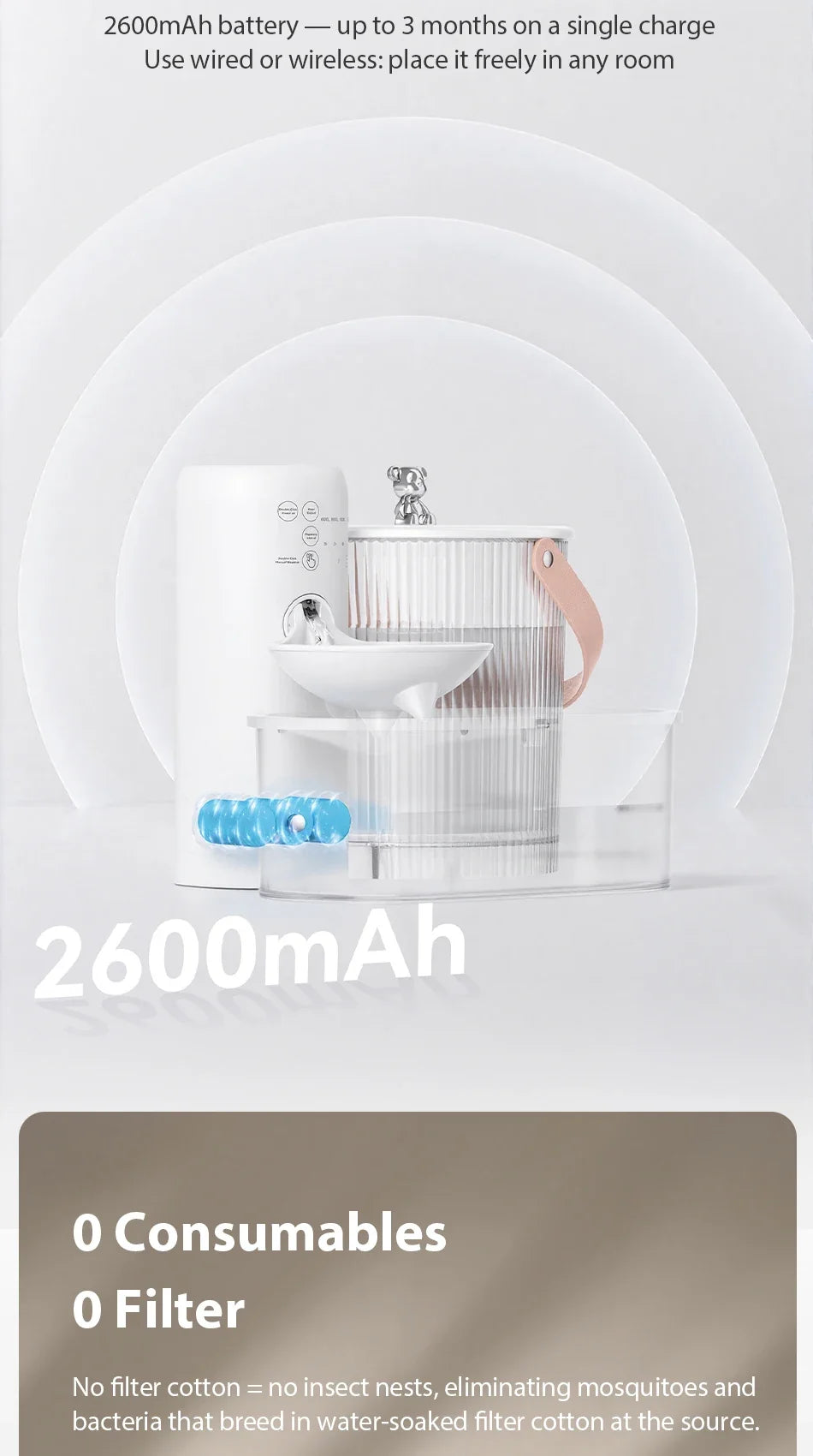 Wireless Smart Cat Water Fountain — 3L Tilting Dispenser with 2600mAh Battery & No-Filter Design