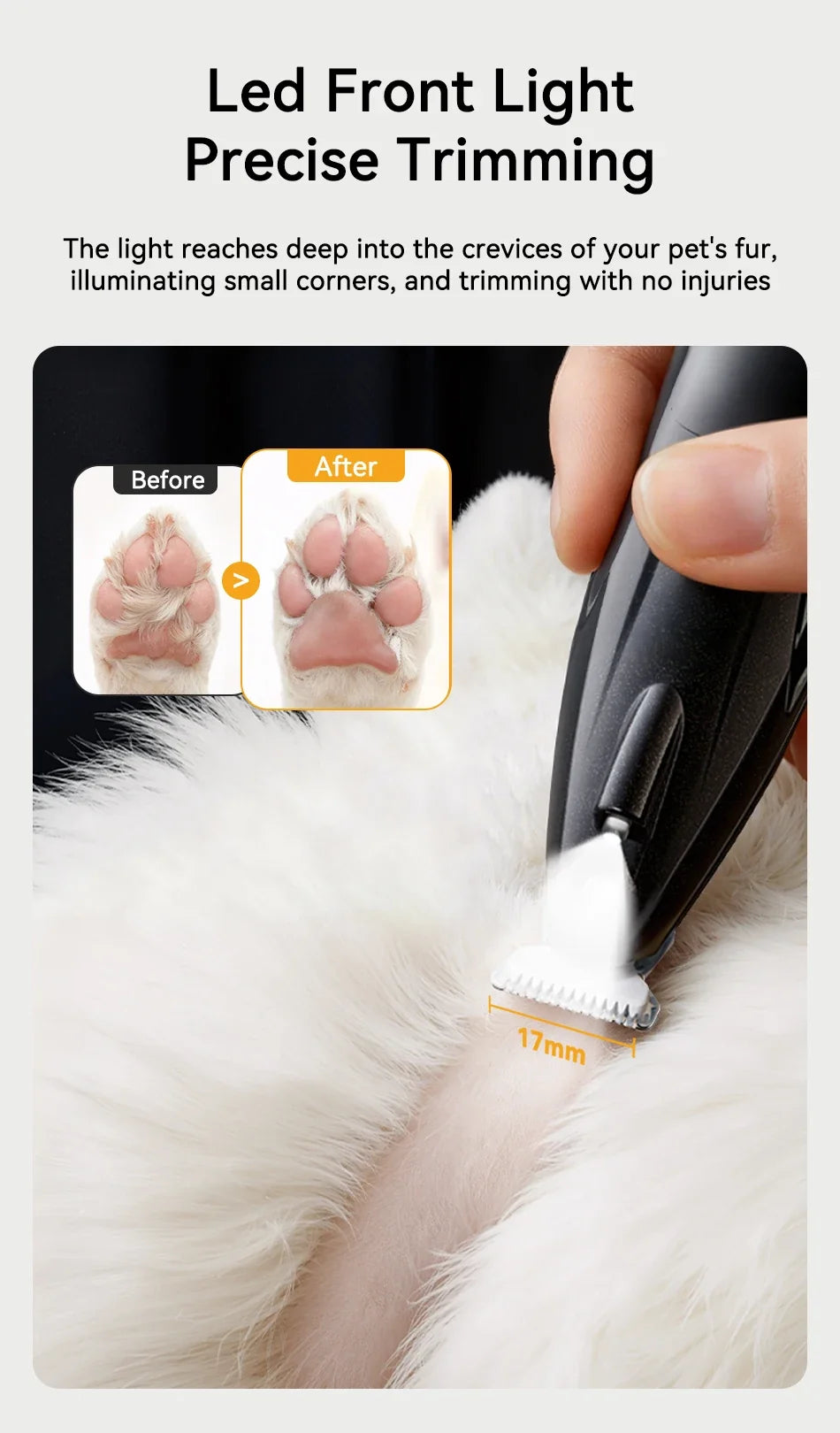 Electric Pet Clipper with Front Light — Rechargeable Adjustable Trimmer for Dog & Cat Claws, Ears & Hair