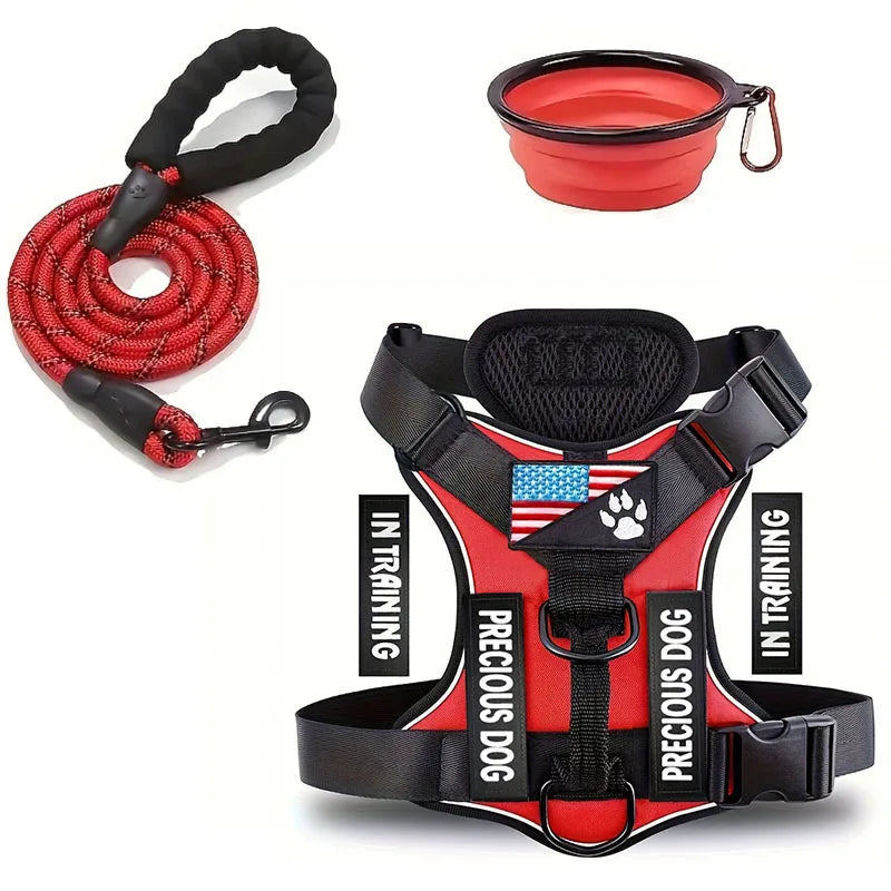 Reflective Dog Harness & Leash Set with Folding Bowl