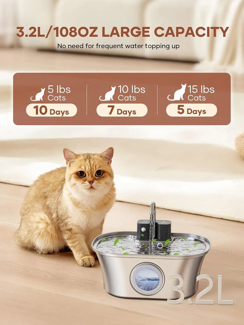 3.2L Stainless Steel Pet Water Fountain – Wireless Charging with Water Level Window