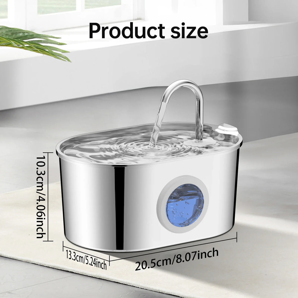 2.2L Stainless Steel Cat & Puppy Water Fountain — Water Level Window, Silent Pump & Filter