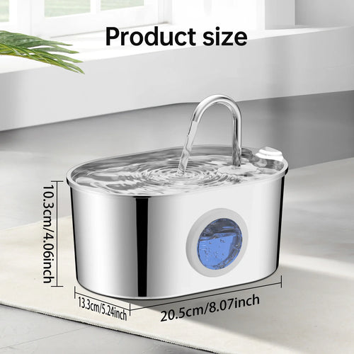 2.2L Stainless Steel Cat & Puppy Water Fountain — Water Level Window, Silent Pump & Filter