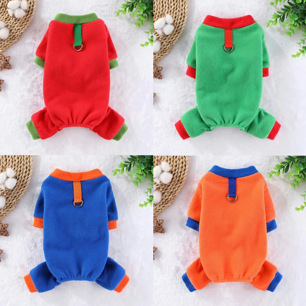 Fleece Dog Jumpsuit Hoodie with Leash Ring — Warm Winter Coat for Dogs & Cats