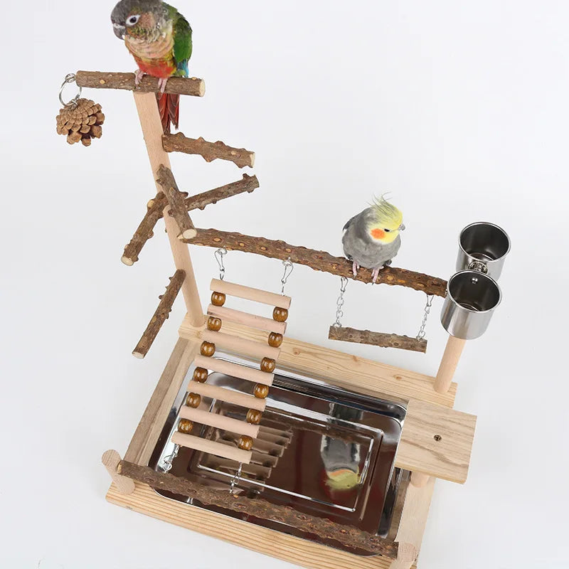 Natural Wood Parrot Climbing Frame with Swing, Ladder & Suspension Bridge