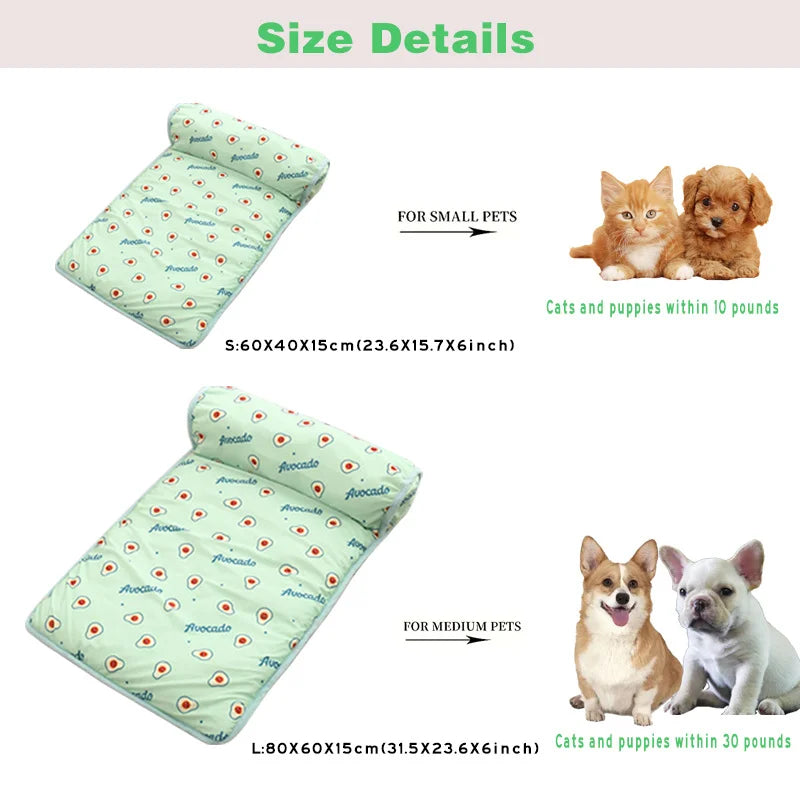 Ice Silk Cooling Mat for Dogs & Cats — Non-Slip, Washable with Integrated Pillow & Cute Print