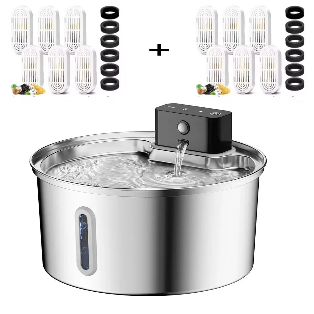 Smart Wireless Charging Pet Water Fountain with Sensor - 3.2L Stainless Steel