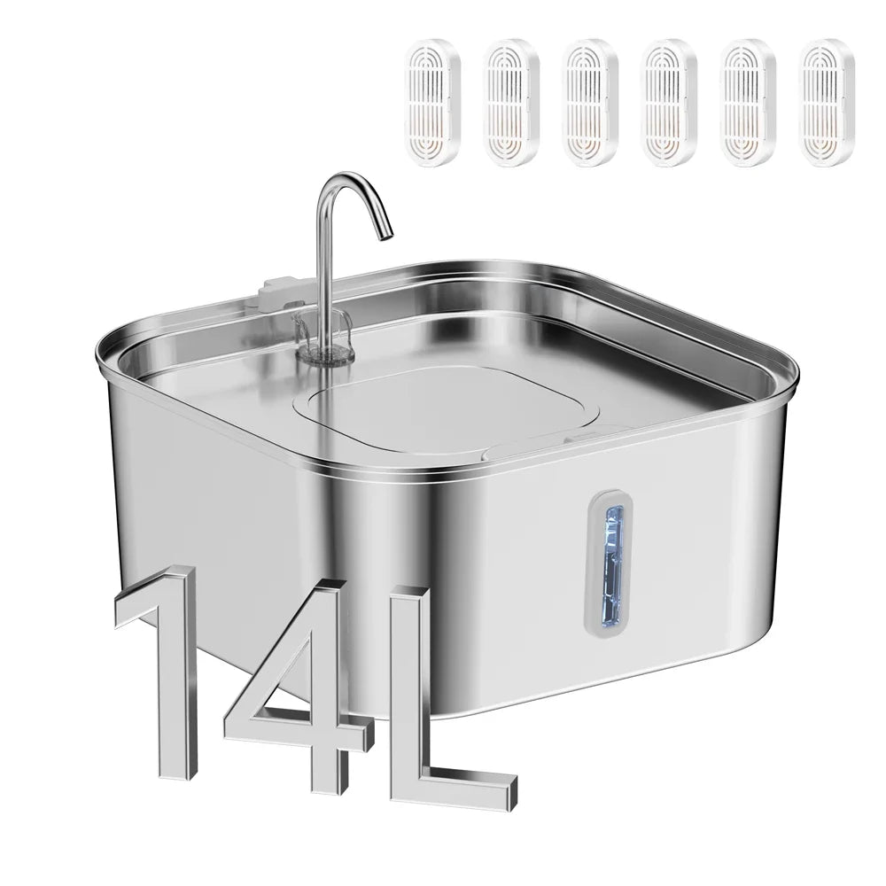 14L Large Capacity Stainless Steel Pet Water Fountain with Filter