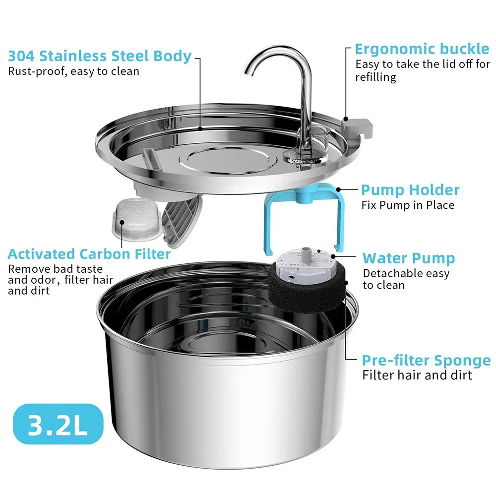 3.2L Stainless Steel Automatic Pet Water Fountain – Cat & Dog Drinking Dispenser with Filter