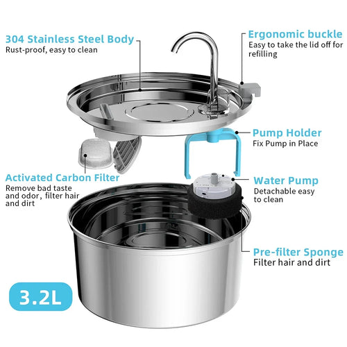 3.2L Stainless Steel Automatic Pet Water Fountain – Cat & Dog Drinking Dispenser with Filter