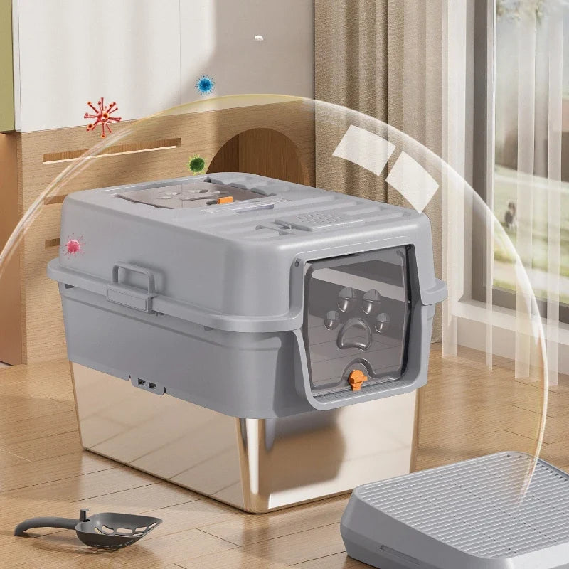 Stainless Steel Top Entry Self-Cleaning Cat Litter Box — Extra Large, Splash-Proof & Portable